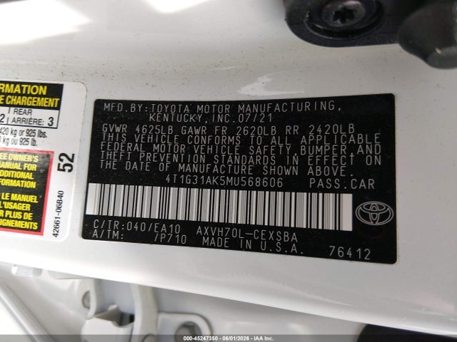 Продаж на аукціоні авто 2021 Toyota Camry Se Hybrid, vin: 4T1G31AK5MU568606, номер лоту: 45247350