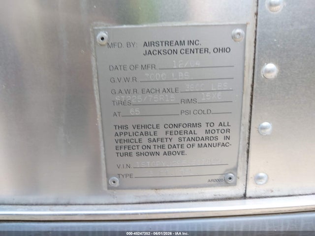 2005 Airstream Safari მანქანა იყიდება აუქციონზე, vin: 1STGPYJ295J517826, აუქციონის ნომერი: 45247352