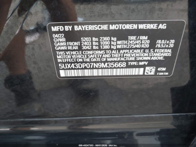 45247353 :رقم المزاد ، 5UX43DP07N9M35668 vin ، 2022 Bmw X3 Sdrive30i مزاد بيع
