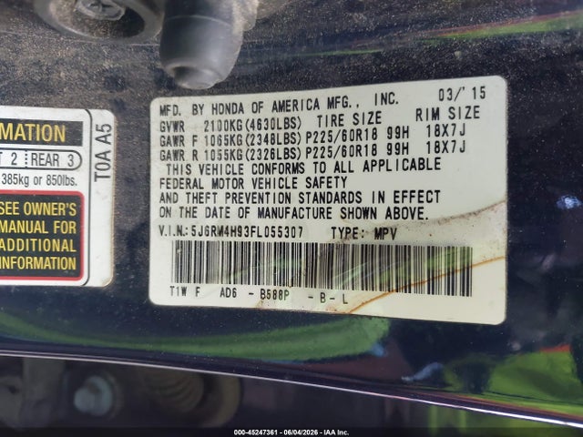 2015 Honda Cr-v Touring მანქანა იყიდება აუქციონზე, vin: 5J6RM4H93FL055307, აუქციონის ნომერი: 45247361