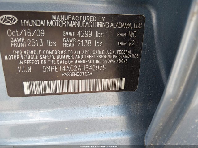 Aukcja sprzedaży 2010 Hyundai Sonata Gls, vin: 5NPET4AC2AH642978, numer aukcji: 45247362