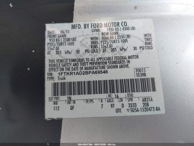 Aukcja sprzedaży 2011 Ford Ranger Xl, vin: 1FTKR1AD2BPA69546, numer aukcji: 45247364