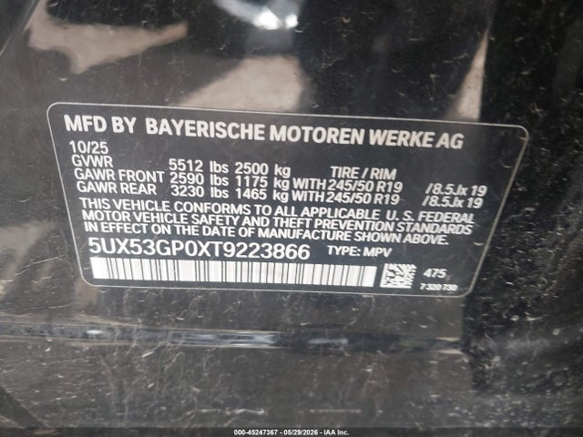 2026 Bmw X3 30 Xdrive მანქანა იყიდება აუქციონზე, vin: 5UX53GP0XT9223866, აუქციონის ნომერი: 45247367