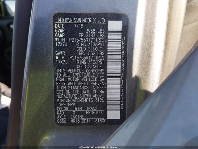 45247383 :رقم المزاد ، JN8AF5MR4FT513126 vin ، 2015 Nissan Juke S مزاد بيع