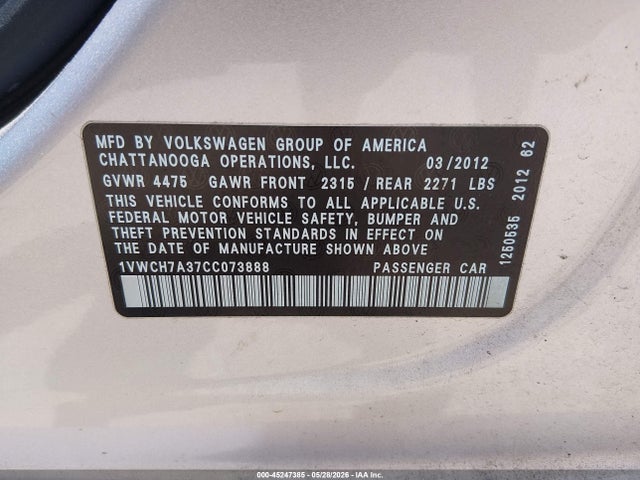 2012 Volkswagen Passat 2.5l Sel მანქანა იყიდება აუქციონზე, vin: 1VWCH7A37CC073888, აუქციონის ნომერი: 45247385