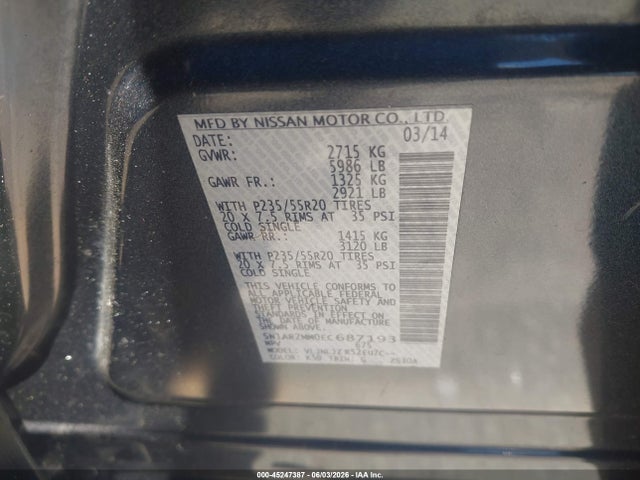 Aukcja sprzedaży 2014 Nissan Pathfinder Platinum, vin: 5N1AR2MM0EC687193, numer aukcji: 45247387