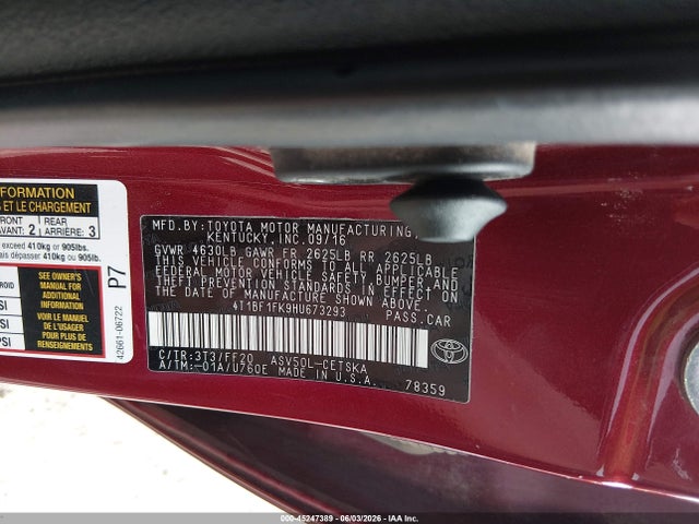 2017 Toyota Camry Se მანქანა იყიდება აუქციონზე, vin: 4T1BF1FK9HU673293, აუქციონის ნომერი: 45247389