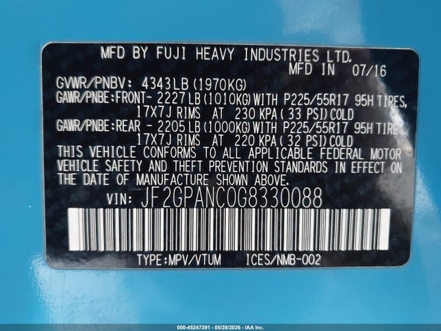 Subaru Crosstrek 2.0i Limited 2016 JF2GPANC0G8330088 Image 9