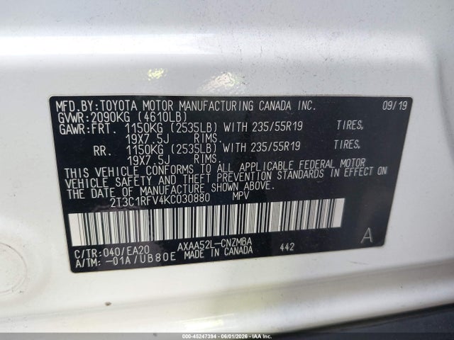 2019 Toyota Rav4 Xle Premium მანქანა იყიდება აუქციონზე, vin: 2T3C1RFV4KC030880, აუქციონის ნომერი: 45247394