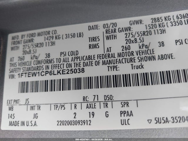 Aukcja sprzedaży 2020 Ford F-150 Xl, vin: 1FTEW1CP6LKE25038, numer aukcji: 45247401