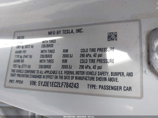 Auction sale of the 2020 Tesla Model 3 Performance Dual Motor All-wheel Drive, vin: 5YJ3E1EC2LF784243, lot number: 45247404