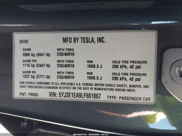 Продажа на аукционе авто 2020 Tesla Model 3 Standard Range Plus Rear-wheel Drive/standard Range Rear-wheel Drive, vin: 5YJ3E1EA9LF661067, номер лота: 45247419