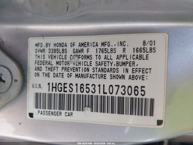 2001 Honda Civic Lx მანქანა იყიდება აუქციონზე, vin: 1HGES16531L073065, აუქციონის ნომერი: 45247466