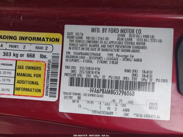 Продажа на аукционе авто 2016 Ford Mustang V6, vin: 1FA6P8AM8G5296068, номер лота: 45247479