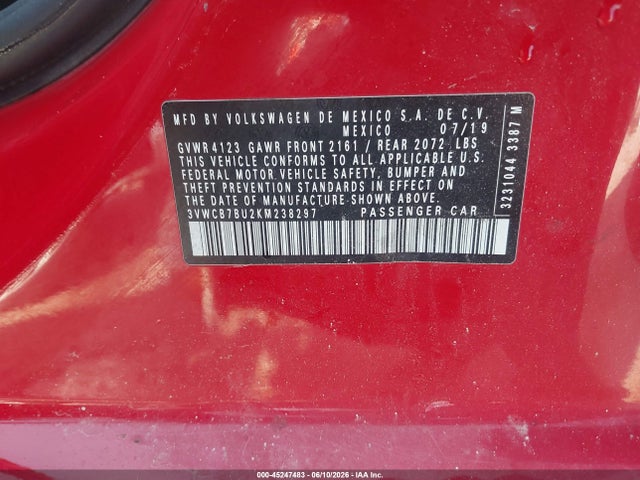 2019 Volkswagen Jetta 1.4t R-line/1.4t S/1.4t Se მანქანა იყიდება აუქციონზე, vin: 3VWCB7BU2KM238297, აუქციონის ნომერი: 45247483