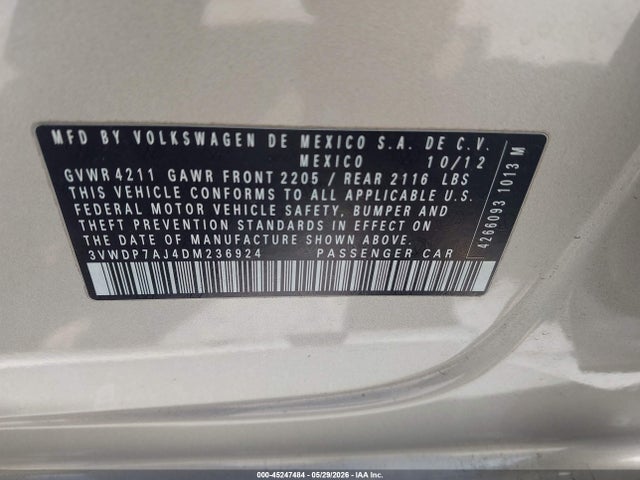 Aukcja sprzedaży 2013 Volkswagen Jetta 2.5l Se, vin: 3VWDP7AJ4DM236924, numer aukcji: 45247484