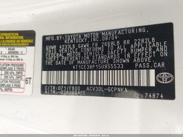 45247499 :رقم المزاد ، 4T1CE38P15U955533 vin ، 2005 Toyota Camry Solara Se مزاد بيع