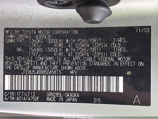 Продажа на аукционе авто 2011 Toyota 4runner Sr5 V6, vin: JTEBU5JRXB5045813, номер лота: 45247509