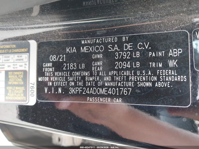 Продаж на аукціоні авто 2021 Kia Forte Fe, vin: 3KPF24AD0ME401767, номер лоту: 45247511