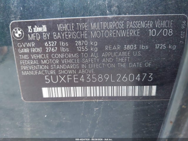 Aukcja sprzedaży 2009 Bmw X5 Xdrive30i, vin: 5UXFE43589L260473, numer aukcji: 45247520