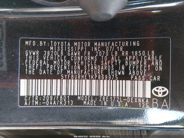 Toyota COROLLA LE 2019 5YFBURHE1KP869975 Image 9