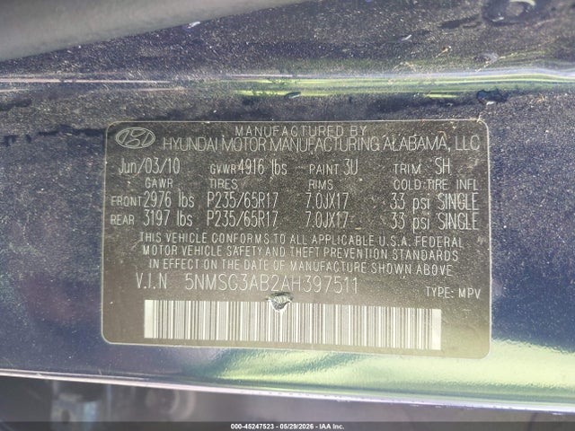 2010 Hyundai Santa Fe Gls მანქანა იყიდება აუქციონზე, vin: 5NMSG3AB2AH397511, აუქციონის ნომერი: 45247523