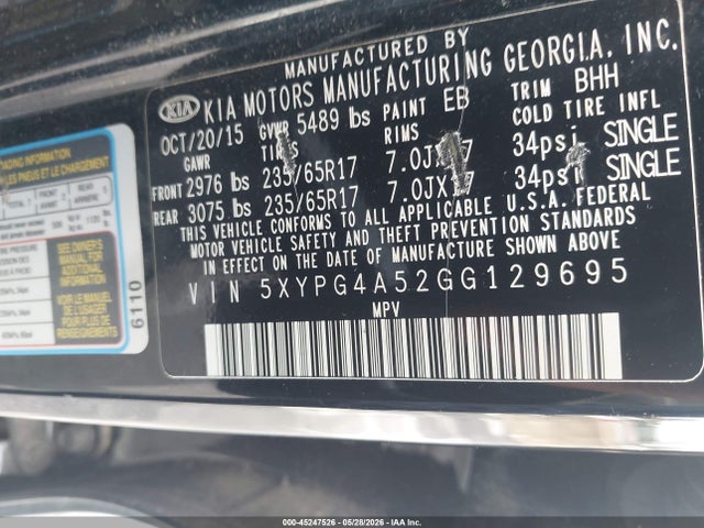 Aukcja sprzedaży 2016 Kia Sorento 3.3l Lx, vin: 5XYPG4A52GG129695, numer aukcji: 45247526