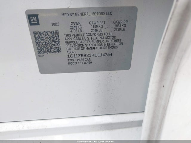 Продажа на аукционе авто 2019 Chevrolet Impala Lt, vin: 1G11Z5S31KU114754, номер лота: 45247534
