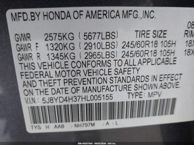 45247545 :رقم المزاد ، 5J8YD4H37HL005155 vin ، 2017 Acura Mdx مزاد بيع