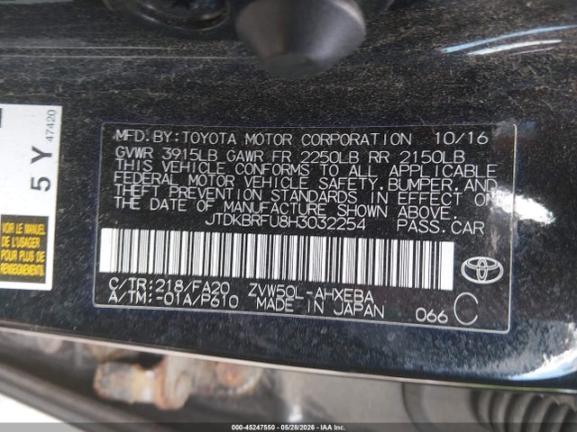 45247550 :رقم المزاد ، JTDKBRFU8H3032254 vin ، 2017 Toyota Prius Two مزاد بيع