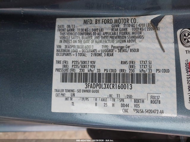 Продажа на аукционе авто 2012 Ford Fusion Hybrid, vin: 3FADP0L3XCR160013, номер лота: 45247554