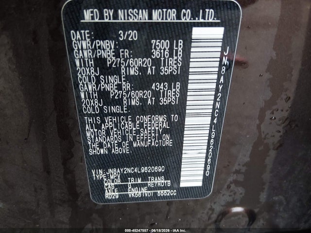 JN8AY2NC4L9620690 Nissan Armada Sl 4wd