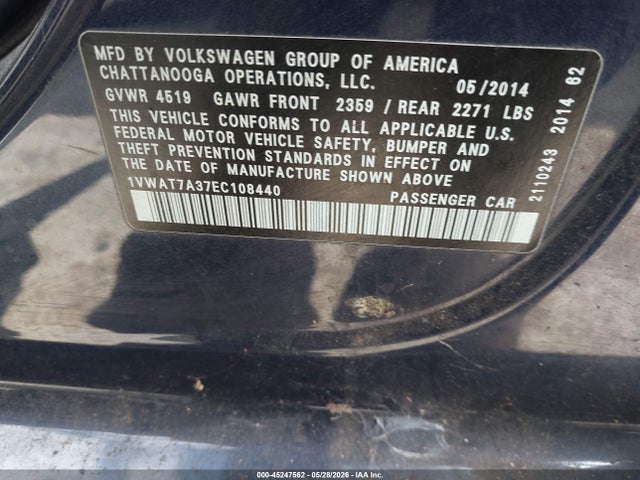 Aukcja sprzedaży 2014 Volkswagen Passat 1.8t Wolfsburg Edition, vin: 1VWAT7A37EC108440, numer aukcji: 45247562