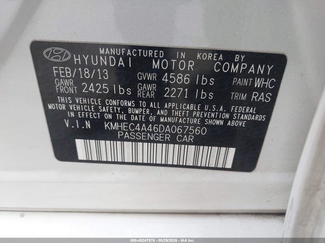 2013 Hyundai Sonata Hybrid მანქანა იყიდება აუქციონზე, vin: KMHEC4A46DA067560, აუქციონის ნომერი: 45247576