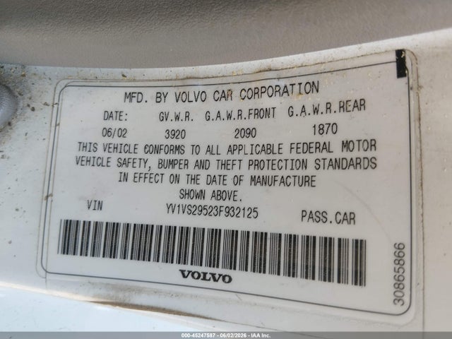 2003 Volvo S40 A მანქანა იყიდება აუქციონზე, vin: YV1VS29523F932125, აუქციონის ნომერი: 45247587