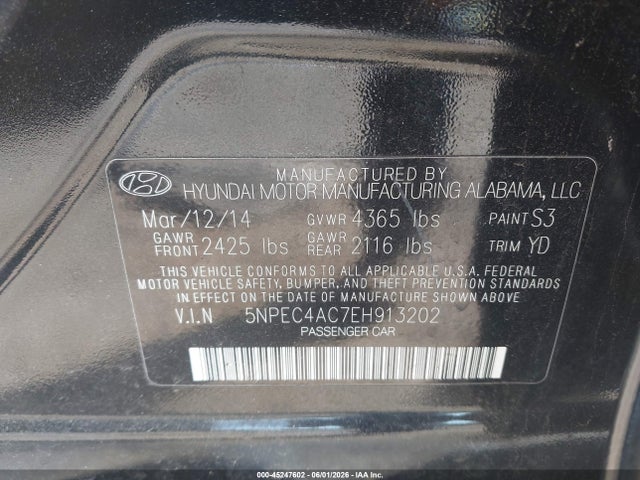 45247602 :رقم المزاد ، 5NPEC4AC7EH913202 vin ، 2014 Hyundai Sonata Limited مزاد بيع