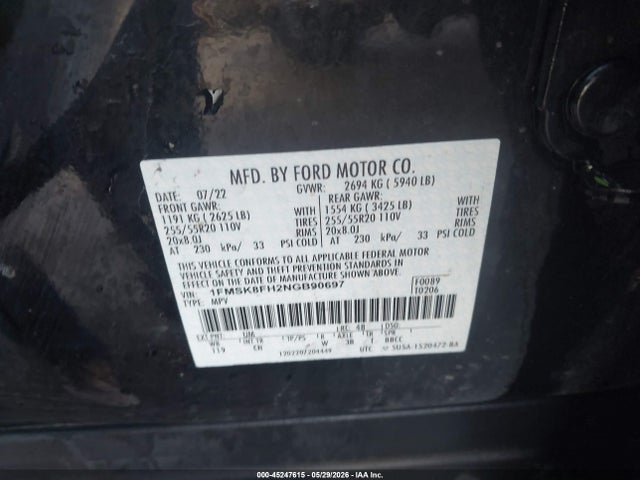 Продажа на аукционе авто 2022 Ford Explorer Limited, vin: 1FMSK8FH2NGB90697, номер лота: 45247615