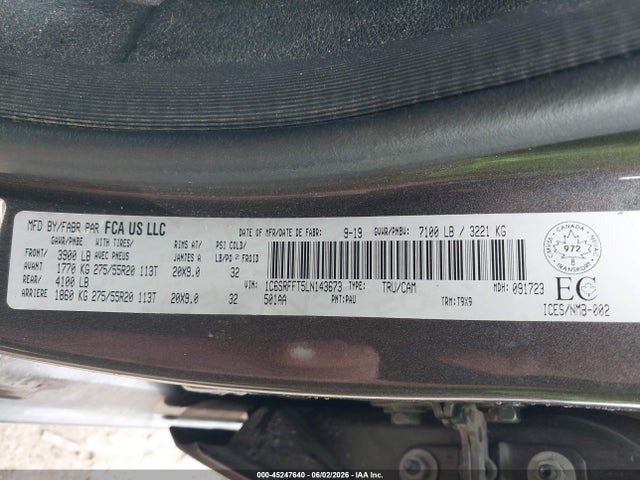 45247640 :رقم المزاد ، 1C6SRFFT5LN143673 vin ، 2020 Ram 1500 مزاد بيع