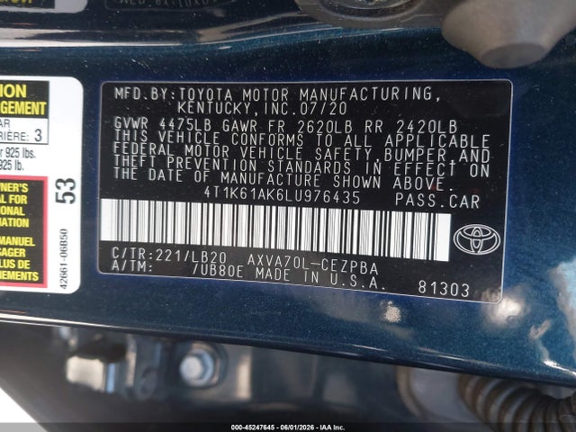 Toyota CAMRY XSE 2020 4T1K61AK6LU976435 Image 9
