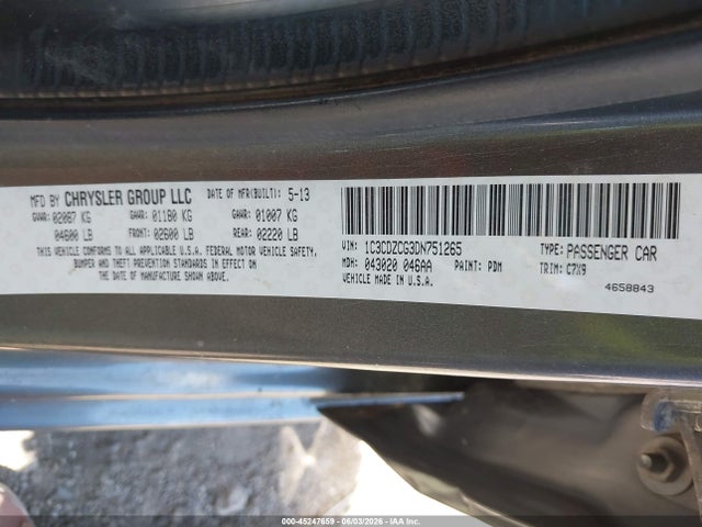 Продажа на аукционе авто 2013 Dodge Avenger Sxt, vin: 1C3CDZCG3DN751265, номер лота: 45247659