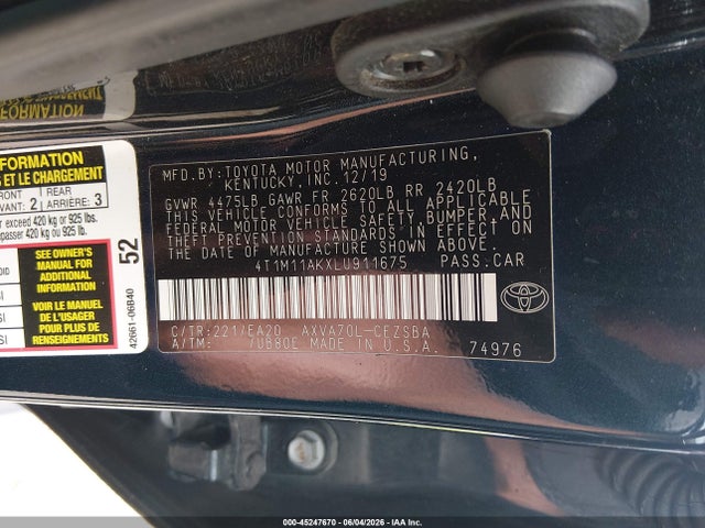 45247670 :رقم المزاد ، 4T1M11AKXLU911675 vin ، 2020 Toyota Camry Se مزاد بيع