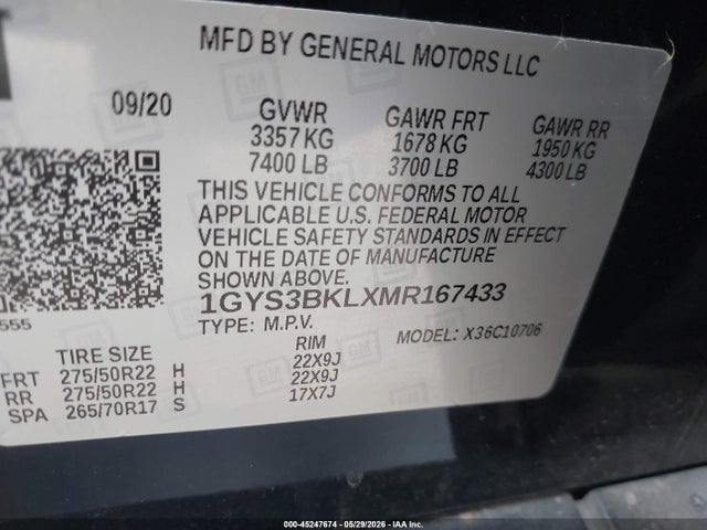 2021 Cadillac Escalade 2wd Premium Luxury მანქანა იყიდება აუქციონზე, vin: 1GYS3BKLXMR167433, აუქციონის ნომერი: 45247674