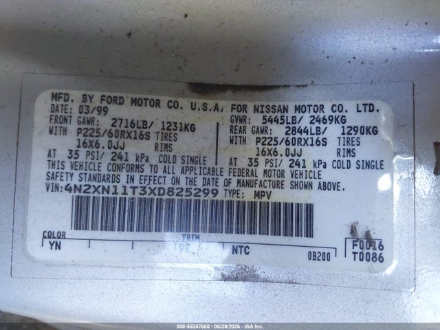 Продаж на аукціоні авто 1999 Nissan Quest Gle/gxe/se, vin: 4N2XN11T3XD825299, номер лоту: 45247688