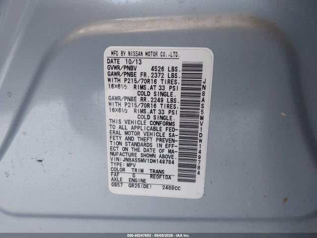45247692 :رقم المزاد ، JN8AS5MV1DW149784 vin ، 2013 Nissan Rogue S مزاد بيع