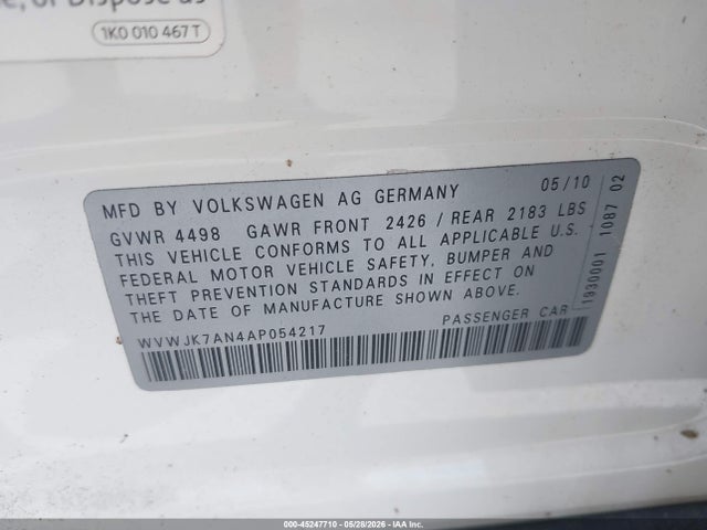 Продаж на аукціоні авто 2010 Volkswagen Passat Komfort, vin: WVWJK7AN4AP054217, номер лоту: 45247710