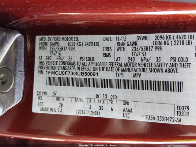 45247717 :رقم المزاد ، 1FMCU0F73GUB50091 vin ، 2016 Ford Escape S مزاد بيع