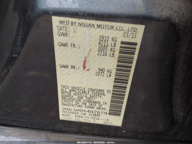 Nissan Altima 2.5 Sl 2015 1N4AL3AP0FN407679 Image 9