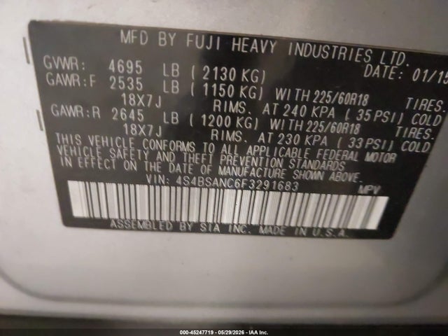 Продажа на аукционе авто 2015 Subaru Outback 2.5i Limited, vin: 4S4BSANC6F3291683, номер лота: 45247719