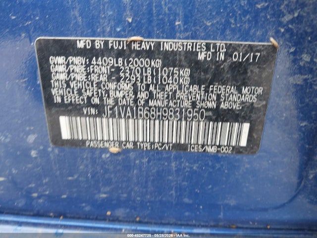 Продажа на аукционе авто 2017 Subaru Wrx, vin: JF1VA1B68H9831950, номер лота: 45247725