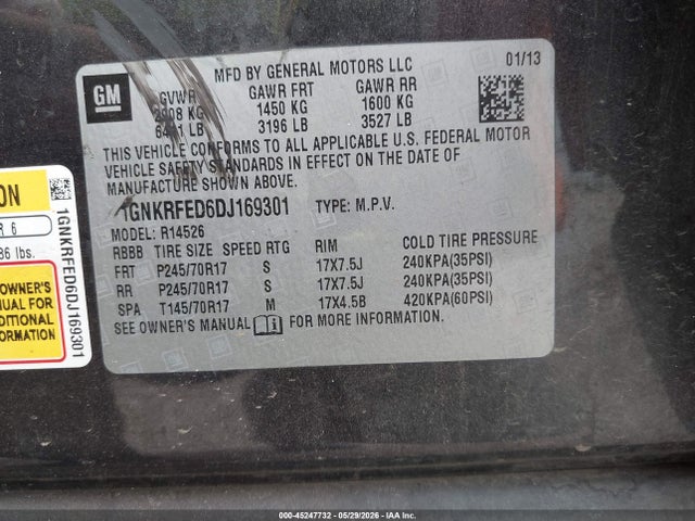 Aukcja sprzedaży 2013 Chevrolet Traverse Ls, vin: 1GNKRFED6DJ169301, numer aukcji: 45247732
